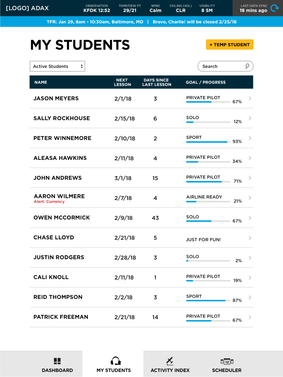 CFI App student list